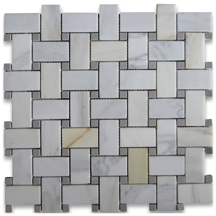 Calacatta Gold Marble Basketweave Mosack with Grey Marble Dots